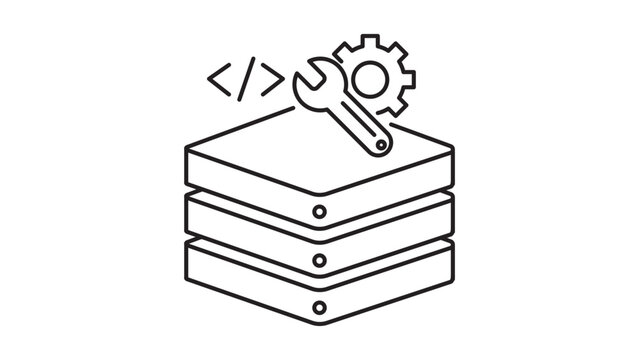 PaaS Offering Editable Stroke Vector Icon. Minimalist black line illustration on white background representing a layered platform with code, wrench, and gear symbols for cloud computing and DevOps.