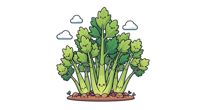 Happy Cartoon Celery Characters Growing in a Garden