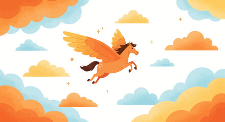 Fototapeta premium Illustration of a whimsical flying pegasus soaring through colorful clouds in a magical sky.