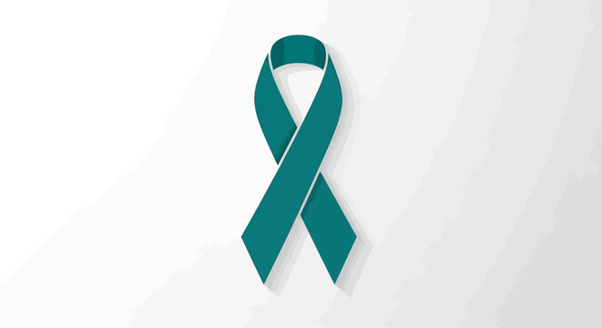 Teal awareness ribbon for ovarian cancer and medical health support on white background