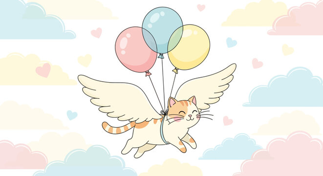 Cute flying cat with wings and balloons in a pastel sky illustration