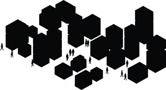 Black Hexagonal Cityscape with Small Human Figures on White Background