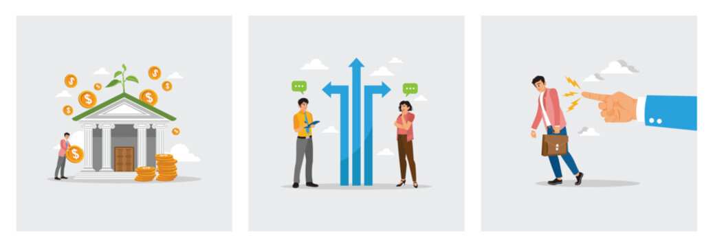 Decision Concept. Savings Growth. Difference Career Path. Boss Pointing Finger to Fired.