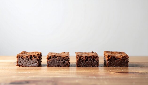 Four freshly baked homemade chocolate fudge brownies arranged in a row on a rustic wooden table, ready to be enjoyed as a sweet treat