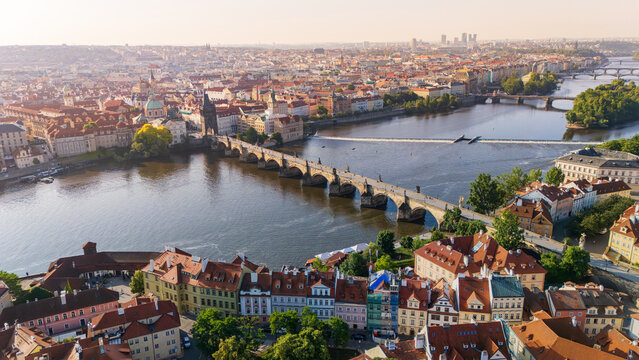 Charles Bridge in Prague city's skyline.