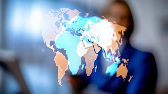 Global Connections: A person is touching and exploring the interactive world map, a fusion of technology and human interaction.