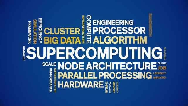 Supercomputing animated word cloud-text design animation tag kinetic typography seamless loop.