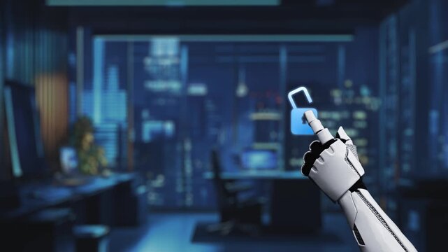 A robot hand is depicted engaging with a glowing digital security interface in a sleek office setting, highlighting themes of cybersecurity and advanced technology. Auvana