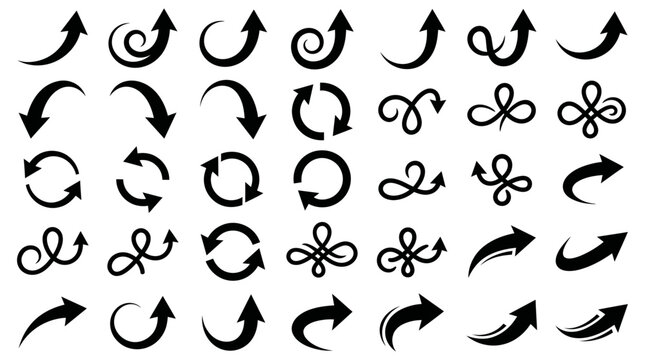 Collection of black arrow silhouettes and circular arrows on a white background