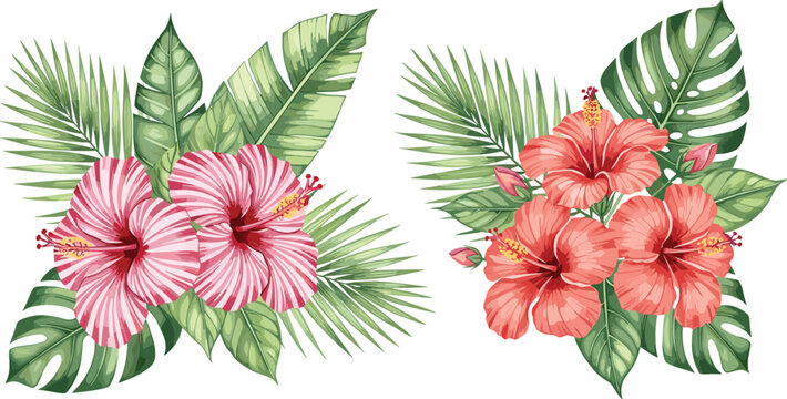Watercolor Tropical Hibiscus Flower Bouquet with Exotic Palm Monstera Leaves Arrangement Vector Illustration Set