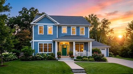 Fototapeta premium Beautiful blue house with white trim and green lawn at sunset peaceful suburban home.