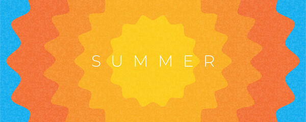 Obraz premium Abstract minimal summer horizontal poster, cover, banner, card with bright sun in the blue sky and modern typography. Summer holidays, journey, vacation travel illustration. Promo ads design template