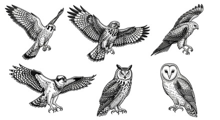 Fototapeta premium Set of Six Birds of Prey Black and White Line Art Illustration