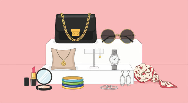 A collection of women's accessories on display