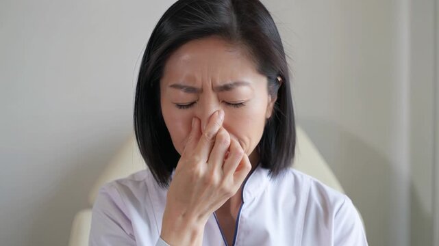 Mature Asian woman suffering from sinus pain and severe headache