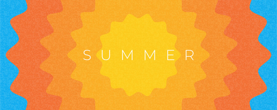 Abstract minimal summer horizontal poster, cover, banner, card with bright sun in the blue sky and modern typography. Summer holidays, journey, vacation travel illustration. Promo ads design template