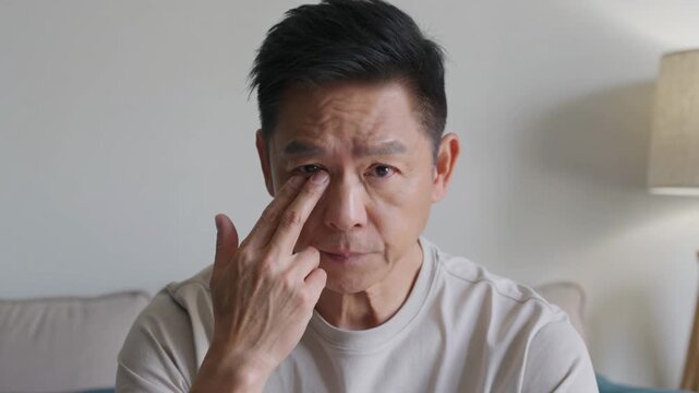 Mature Asian man suffering from eye strain and discomfort at home