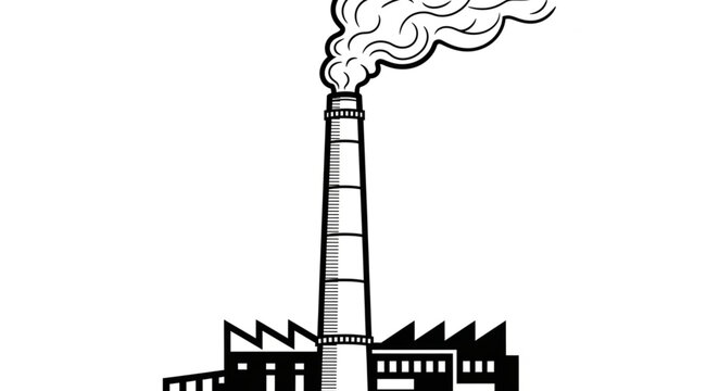 Industrial chimney emitting smoke, representing factories and manufacturing processes with a silhouette of a building complex below