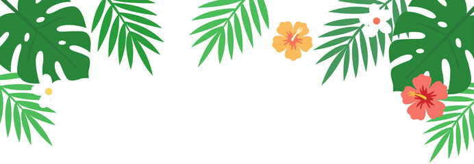 Tropical Leaves and Hibiscus Flowers Floral Border Design Element © Designina