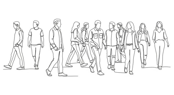 Sketch of a diverse group of people walking together.