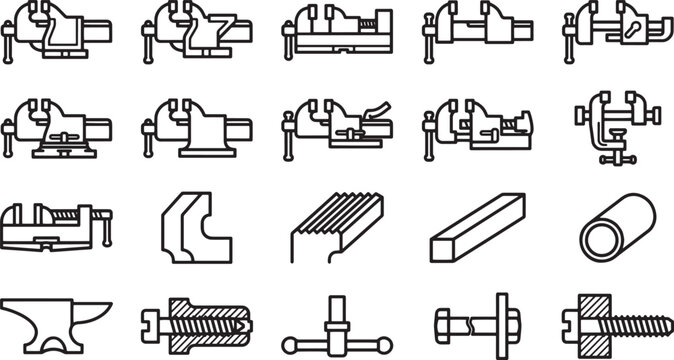 A comprehensive collection of different types of bench vices, anvils, and clamping tools is displayed in a schematic way, with various designs suitable for a variety of tasks.