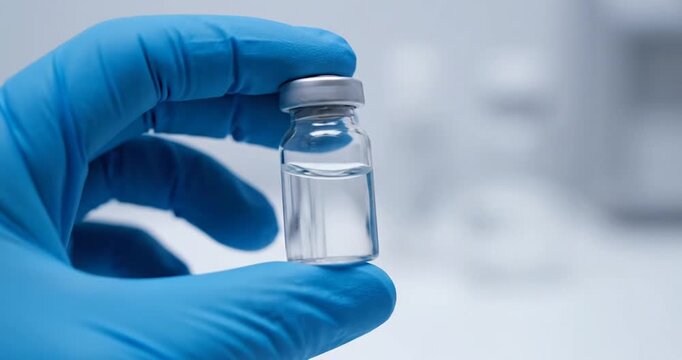 Hand in blue glove holding vial.