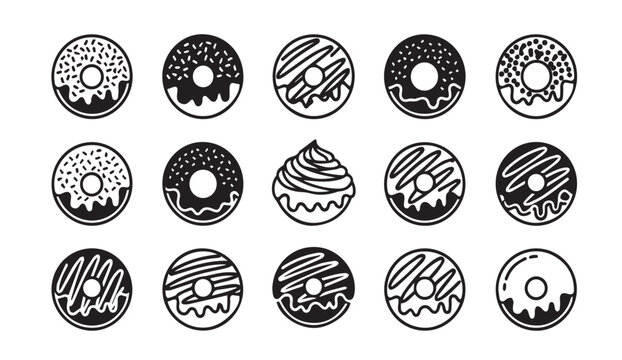 Assorted donut icons with simple line art in black and white on a white background