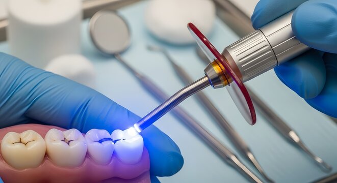 Dental curing light operation with blue light on a tooth filling procedure.