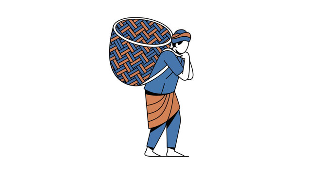 Traditional Worker Carrying Large Woven Basket on Back Illustration