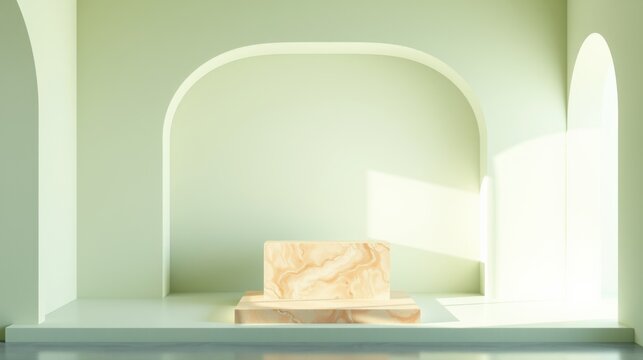 Minimalist scene. Soft light illuminates peach object within arched architectural space. Clean lines, pastel tones create serene mood.