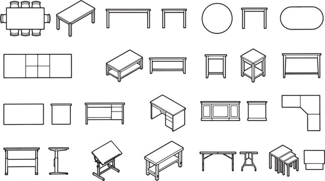 A comprehensive collection of furniture, presenting a range of tables. Designed to provide a clear illustration of a variety of furniture styles. 