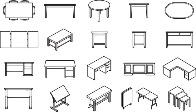 A Collection of diverse table design line art.