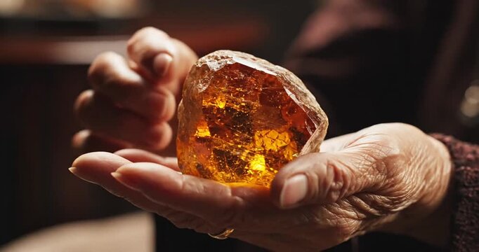 Hands Holding Amber Gemstone Closeup Shot.
