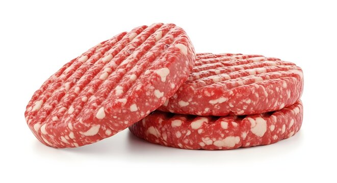 Fresh raw ground beef burger patties stacked on plain white surface.