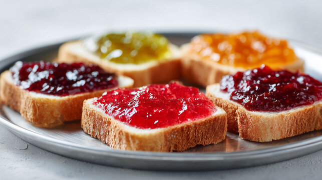 Collection of fresh sliced bread and colorful homemade fruit spreads on a tray