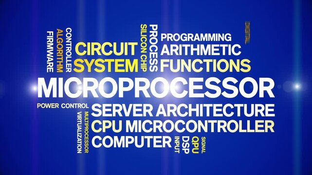 Microprocessor animated word cloud-text design animation tag kinetic typography seamless loop.