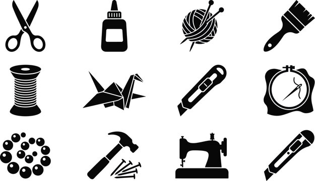 Various diy and crafting tools icons including scissors glue yarn brush spool hammer sewing machine buttons and clock on white background