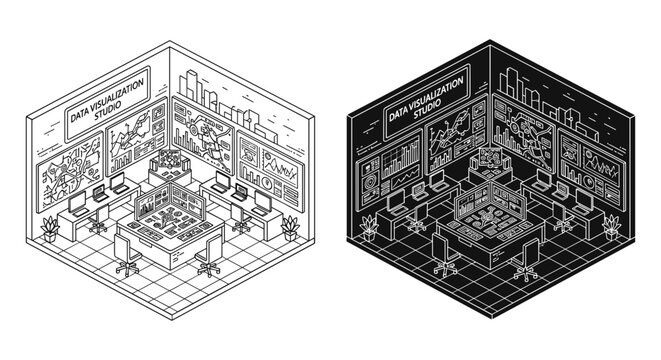 Data visualization studio icon set with isometric office and server room, white background, vector Illustration