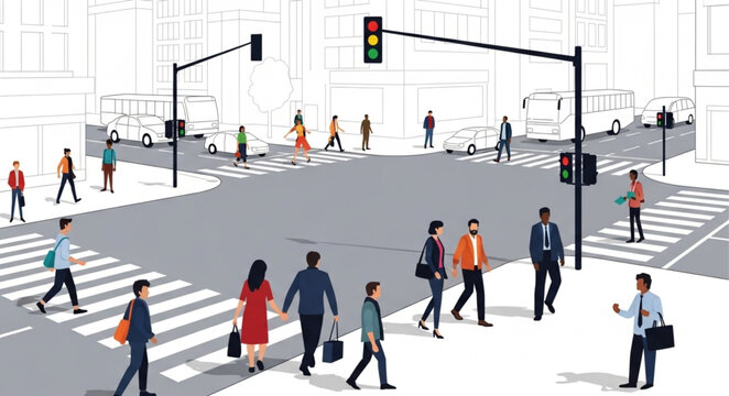 People crossing busy city street at traffic light intersection.