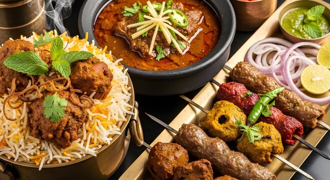 Traditional Gourmet Meal featuring Spicy Mutton Nihari with Ginger and Chilies Chicken Biryani in a Clay Pot and Grilled Seekh Kebabs with Green Chutney
