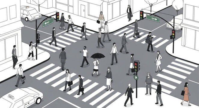 Diverse group of people crossing busy city street intersection.