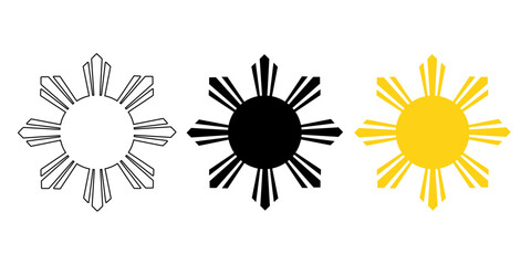 Minimalist Philippines sun symbol vector set in outline, solid and gold styles. Perfect for flag icon, logo, branding, sticker, and cultural design projects. © Slamet