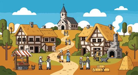 A medieval village scene with people and buildings © Sindi