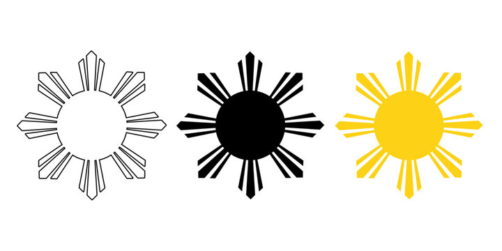 Minimalist Philippines sun symbol vector set in outline, solid and gold styles. Perfect for flag icon, logo, branding, sticker, and cultural design projects.