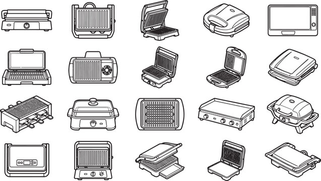 A selection of various cooking grill, from different angles and styles, set on a simple background, offering versatile culinary possibilities.