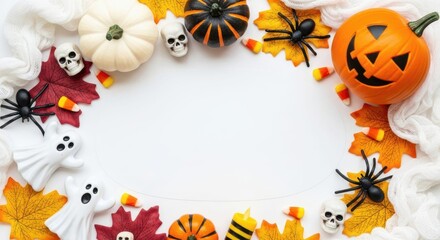Fototapeta premium Spooky Halloween decorations and candy arranged in a festive border on white