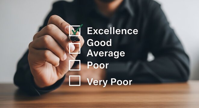 A man marking excellence on a rating scale checklist with a green checkmark on a table