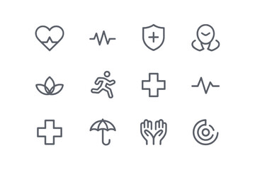 Fototapeta premium Health monitoring line icon set with heartbeat pulse and medical check symbols