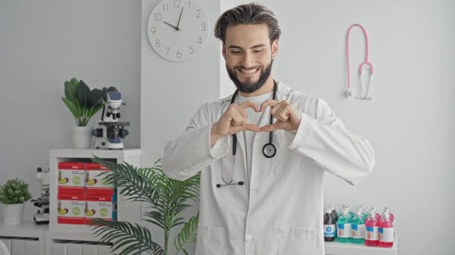 Man doctor in lab coat with stethoscope forms heart with hands in building; compassion trust health.