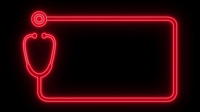 glowing neon Stethoscope rectangle shape frame icon isolated on black background, with copy space. Medical and Health care concept, doctor s stethoscope. 4k video animation.